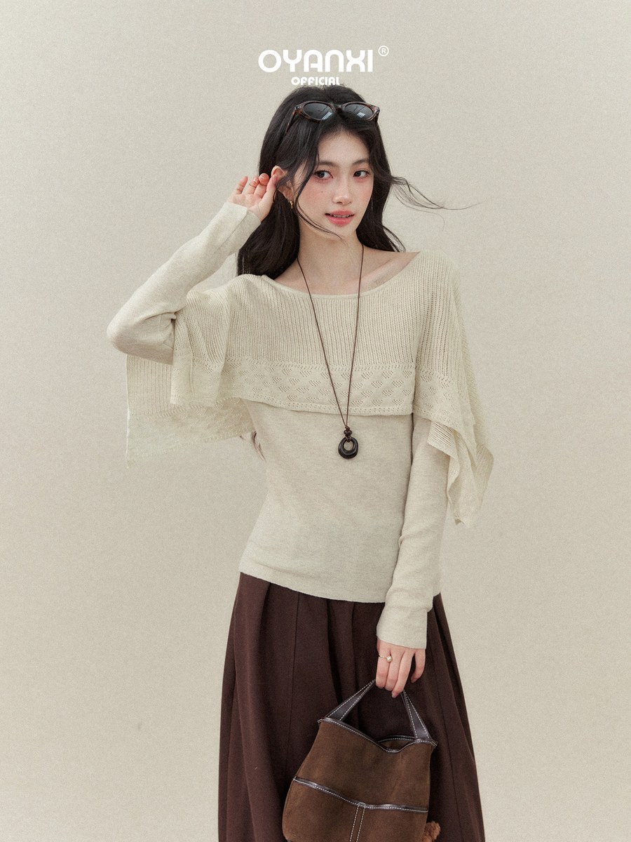OYANXI 透かし編みショール フェイクレイヤード スリム長袖ニット