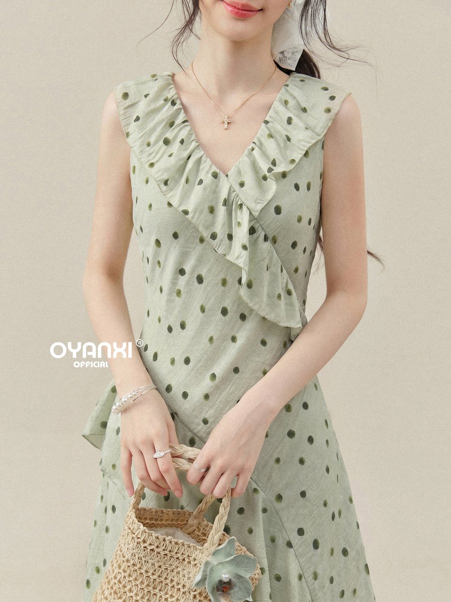 OYANXI ドット柄 Vネック フリル ノースリーブロングワンピース