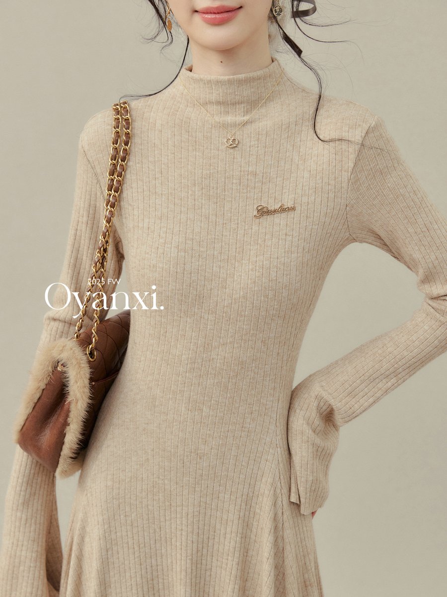 OYANXI ハーフネック ウエストシェイプ ロングニットワンピース