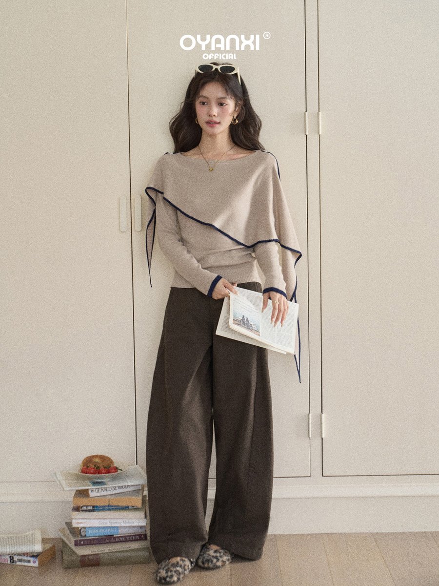 OYANXI 配色ショール アシンメトリー スリム 長袖ニット