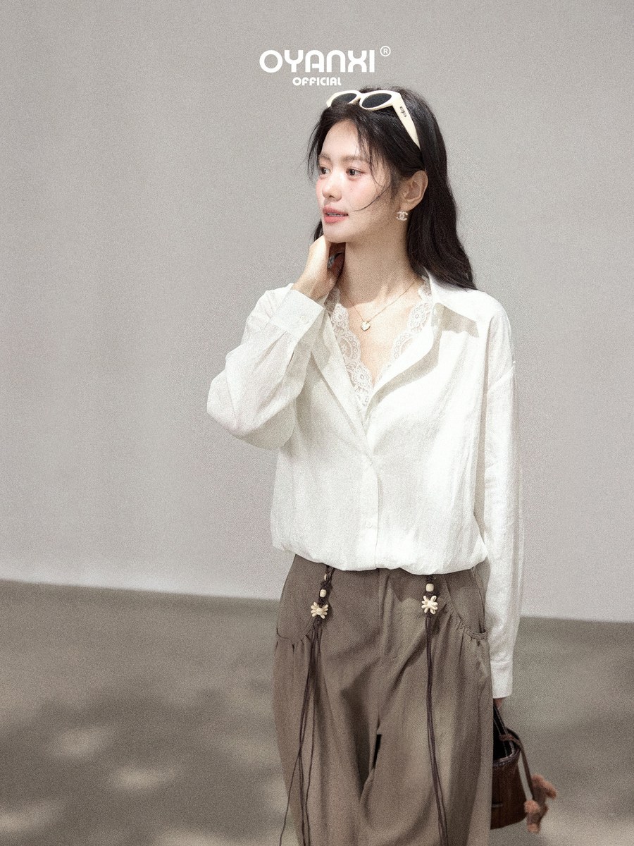 OYANXI レーストリム Vネック フェイクレイヤード 長袖シャツ