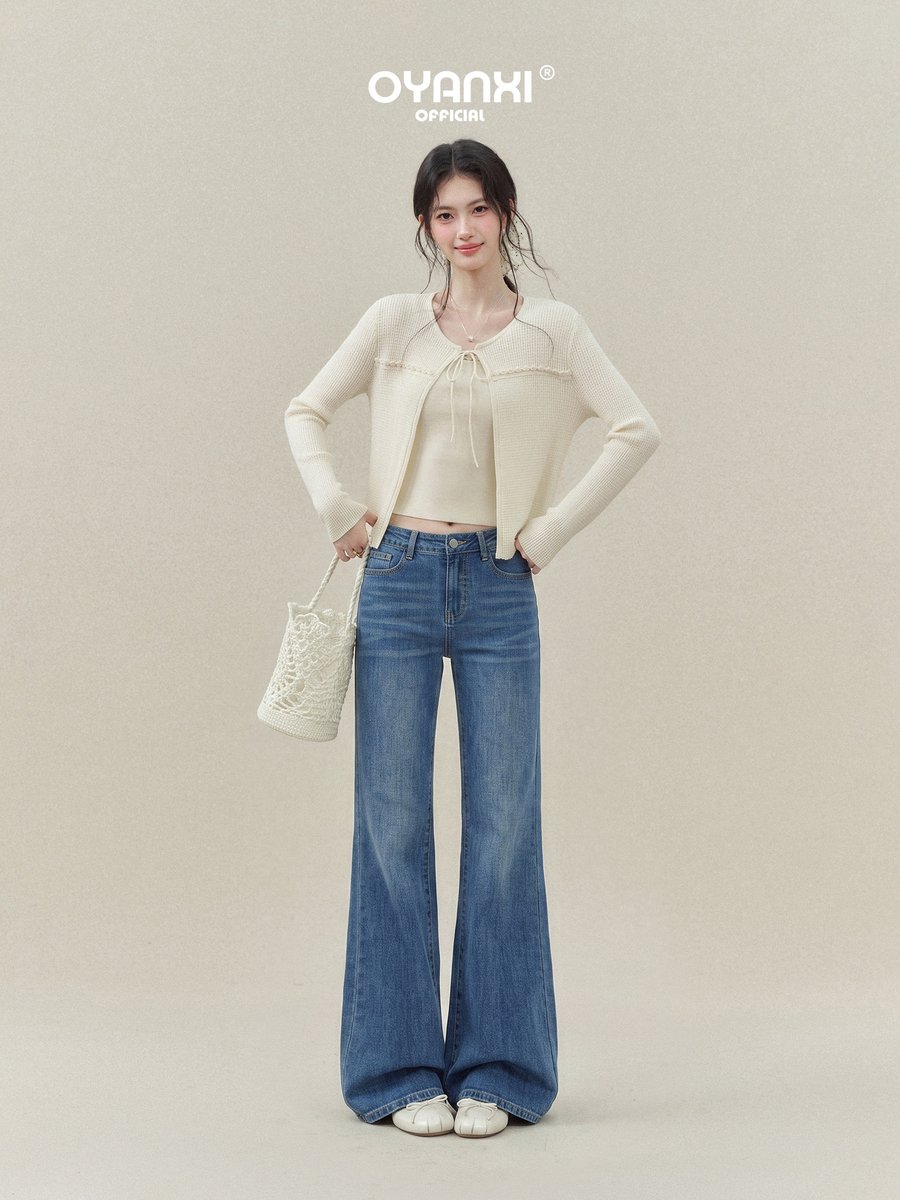 OYANXI ヒゲ加工 セミフレア ロング丈デニム