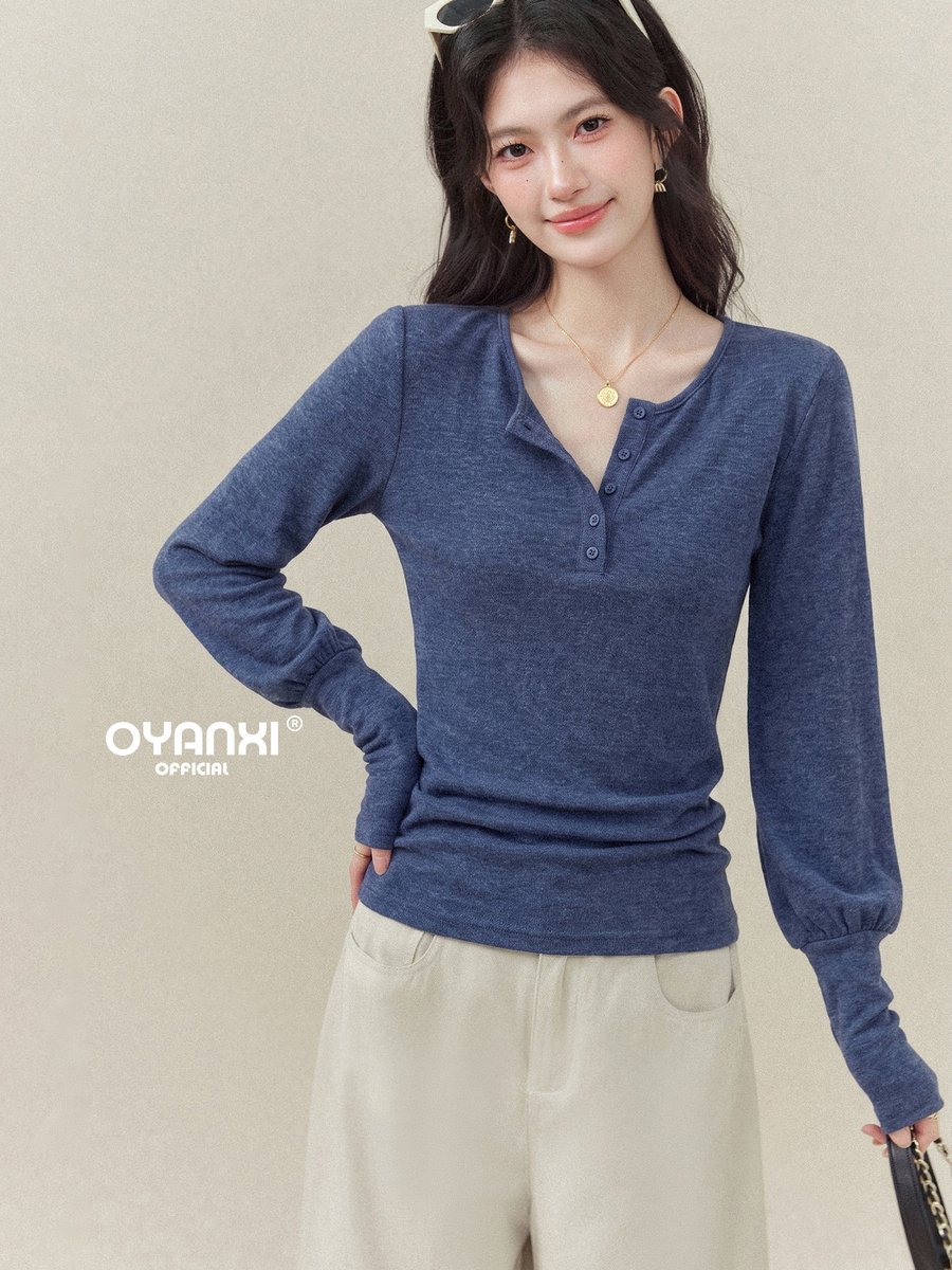 OYANXI ヘンリーネック ランタンスリーブ ウエストシェイプ 長袖Tシャツ