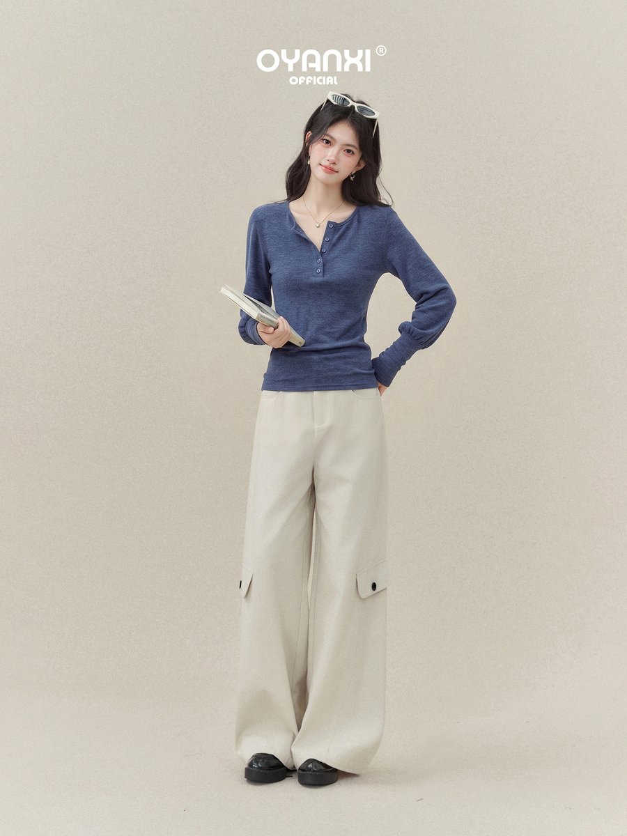 OYANXI ヘンリーネック ランタンスリーブ ウエストシェイプ 長袖Tシャツ