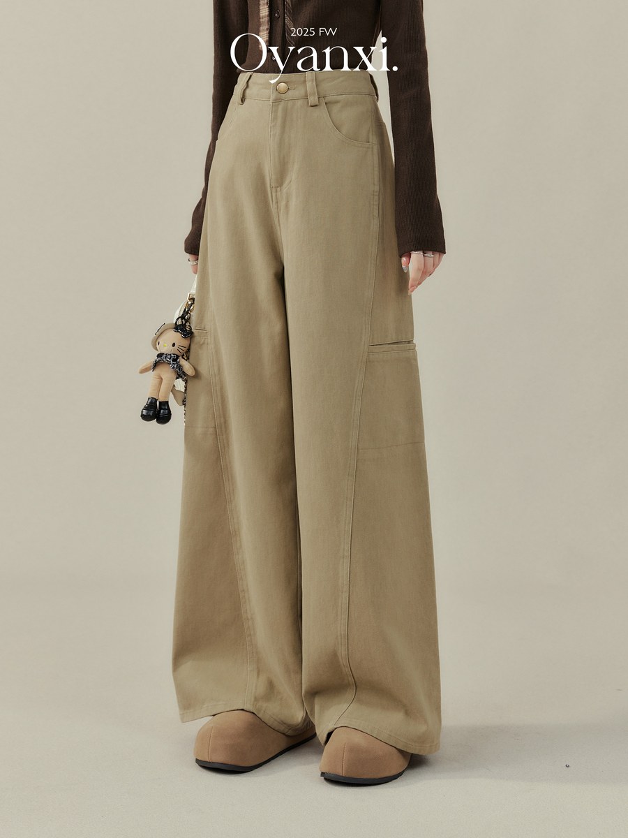 OYANXI ハイウエスト ストレート ワイドパンツ カーキグリーン