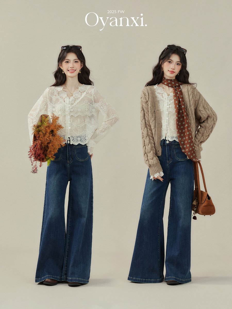 OYANXI かぎ編み レース フレアスリーブ ブラウス