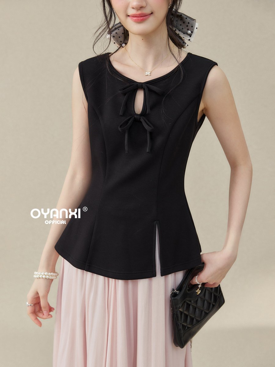 OYANXI リボン ノースリーブ フィットトップス