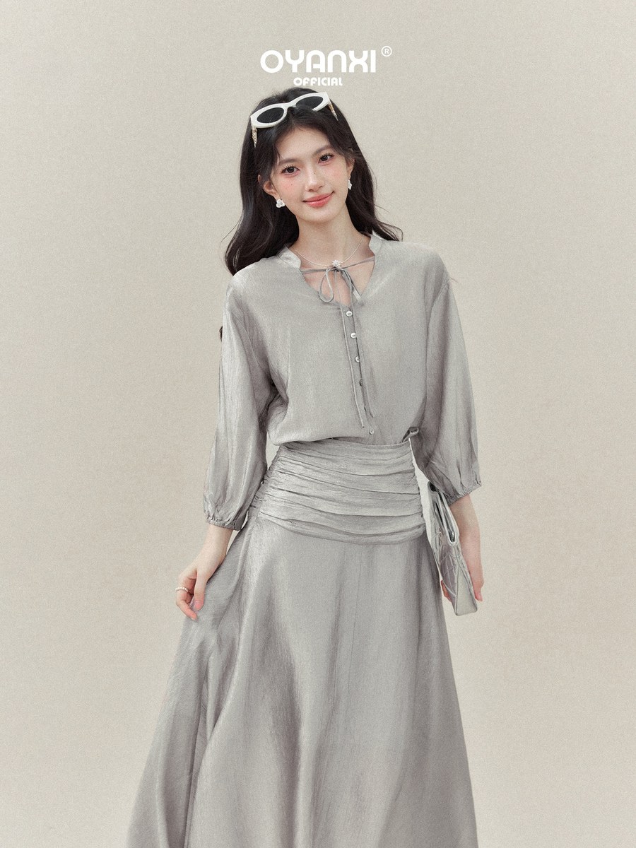 OYANXI アシンメトリーヘム Vネック 長袖ロングワンピース
