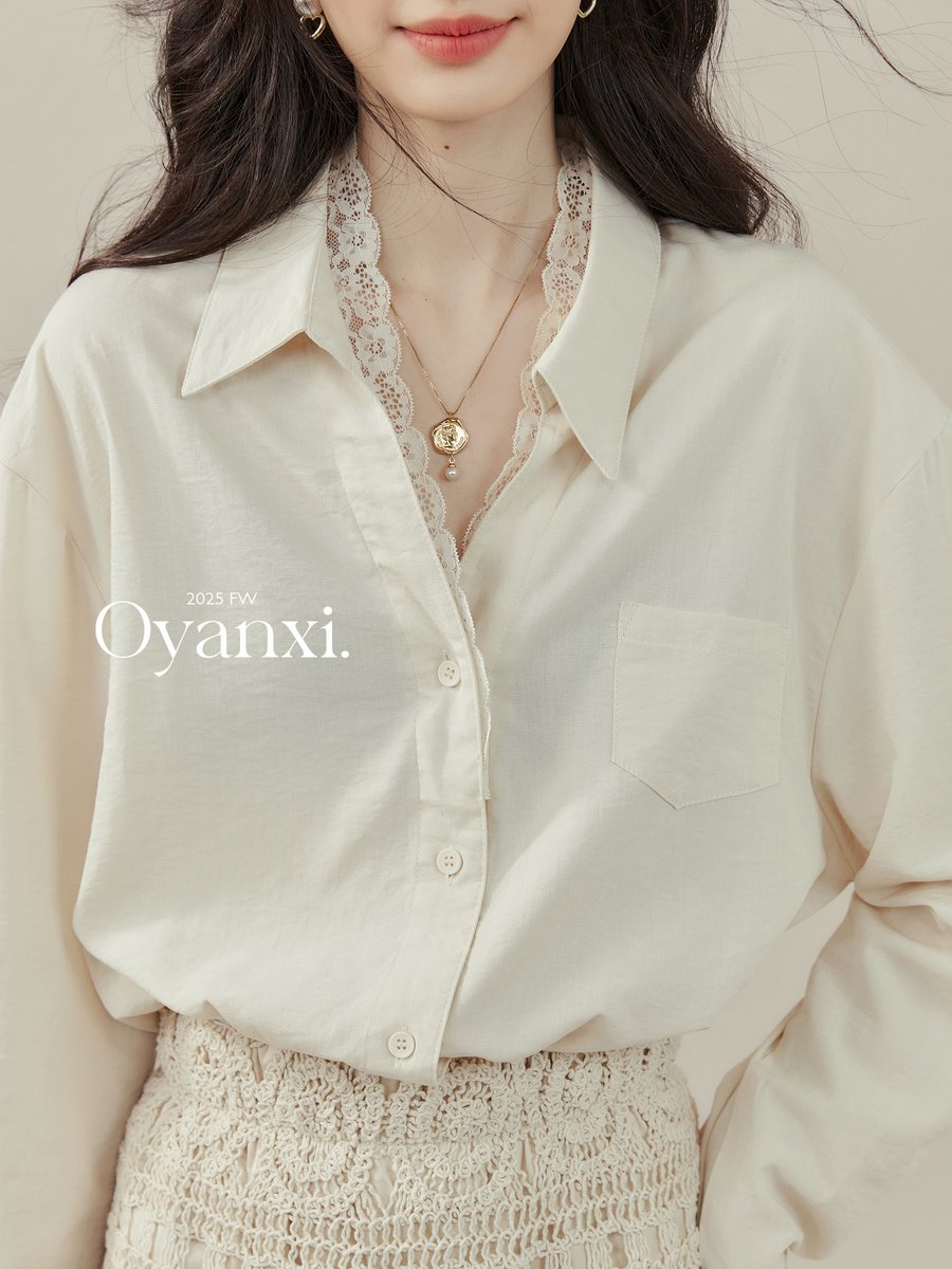 OYANXI レース 襟付き 長袖ブラウス アプリコット