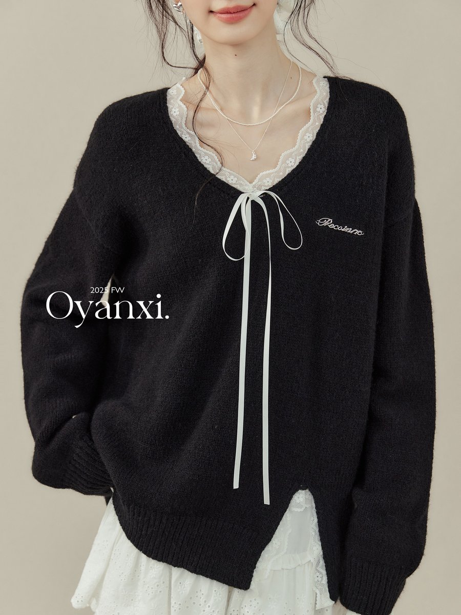 OYANXI レース リボン Vネック ニットセーター ブラック
