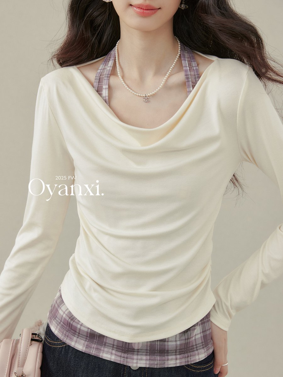 OYANXI ホルターネック ドレープ フェイクレイヤード 長袖Tシャツ