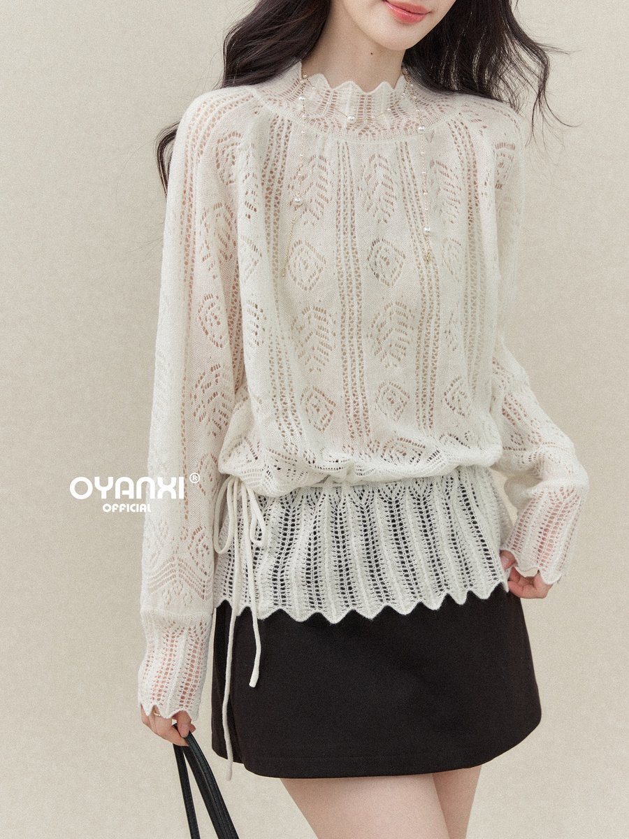 OYANXI 透かしジャカード ドローストリング ぺプラムニット