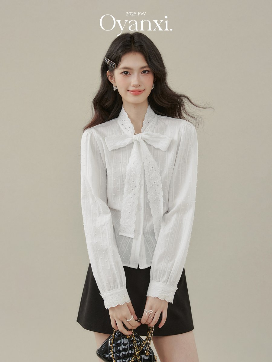 OYANXI リボン ゆったり 長袖シャツ ホワイト