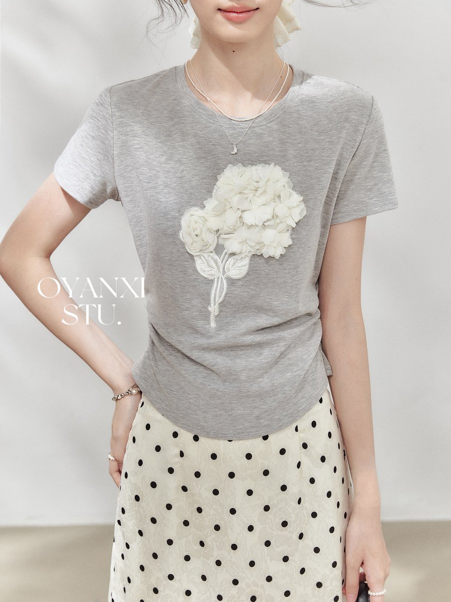 OYANXI 立体フラワー ギャザー 半袖Tシャツ