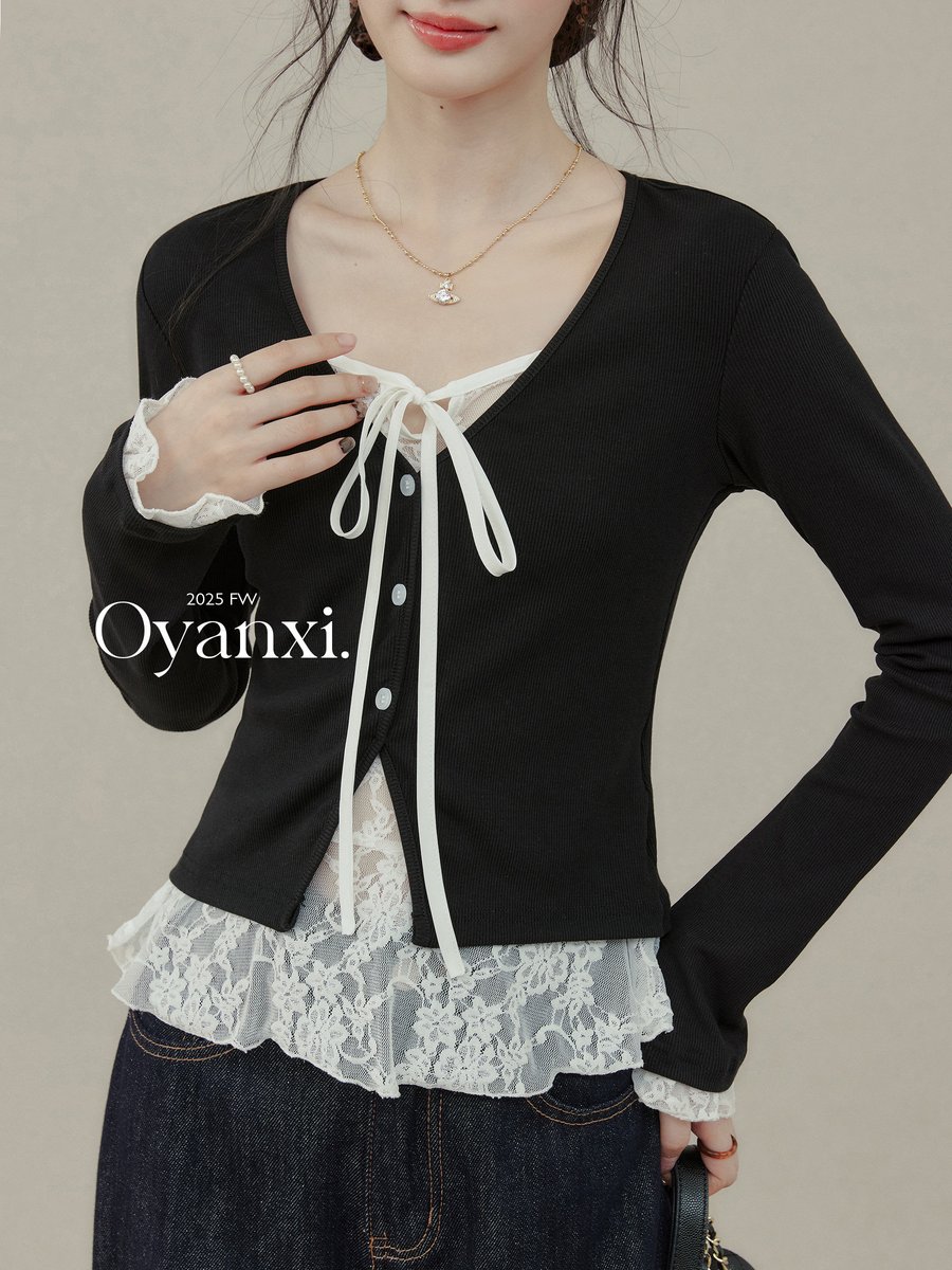 OYANXI レース切り替え フェイクレイヤード 長袖カットソー