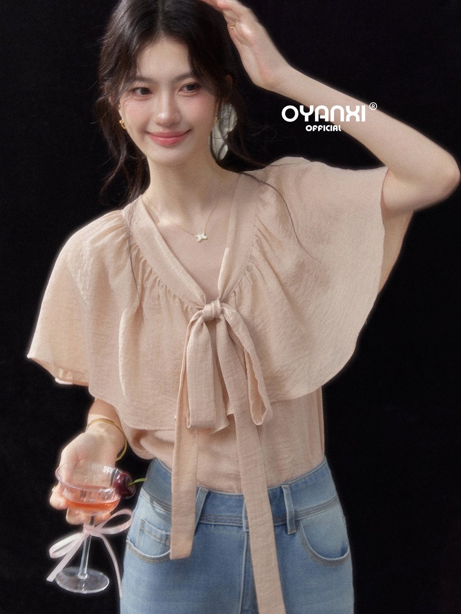 OYANXI Vネック リボン フリルスリーブ 半袖ブラウス