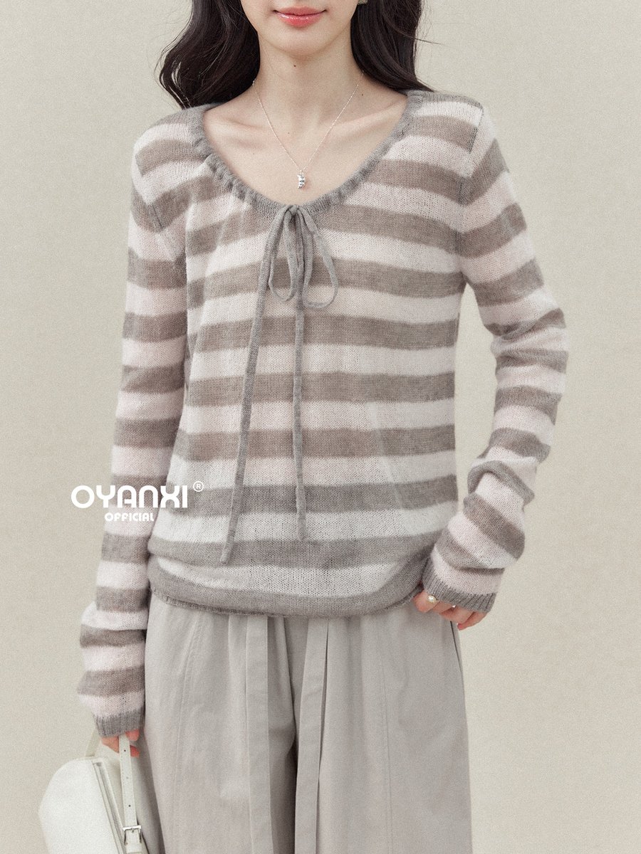 OYANXI ボーダー Uネック ドロストリング ニット