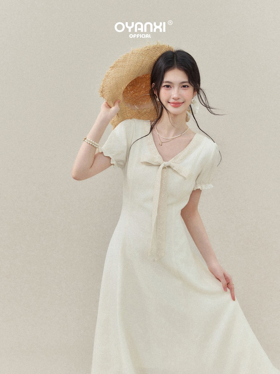OYANXI Vネック リボン ウエストシェイプ 半袖ワンピース