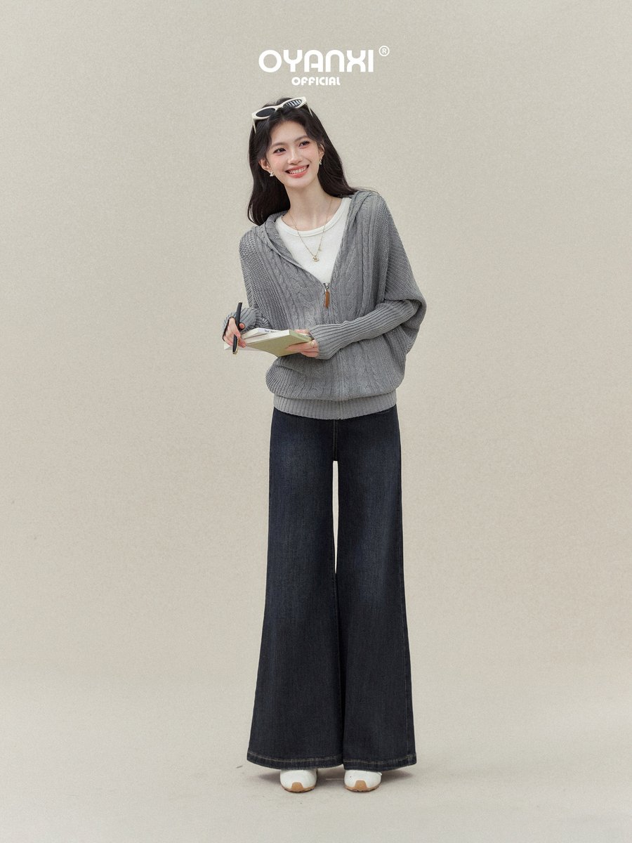 OYANXI フード付き ジップアップ ゆったりニットカーディガン