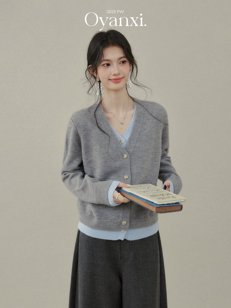 OYANXI フェイクレイヤード 配色切り替え ニットトップス