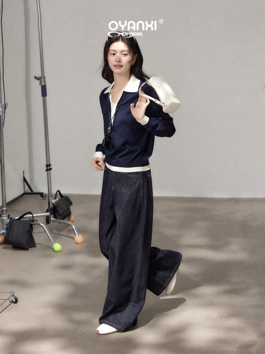 OYANXI ポロカラー 配色 フェイクレイヤード ニット