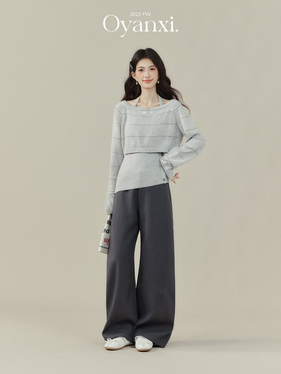 OYANXI ハイウエスト ストレート ワイドパンツ グレー