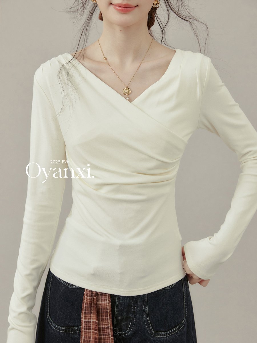 OYANXI Vネック ウエストシェイプ 長袖カットソー