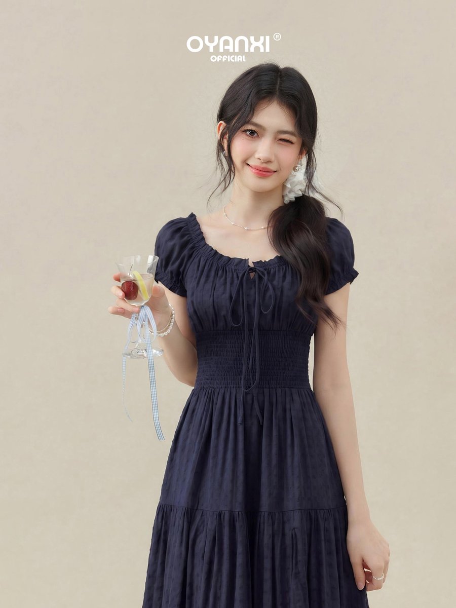 OYANXI スクエアネック パフスリーブ Aラインロングワンピース