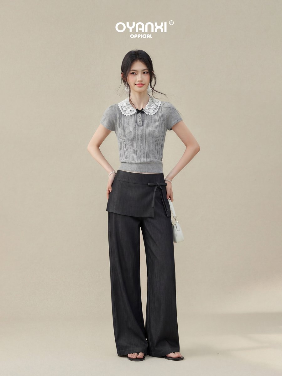 OYANXI エプロン風 フェイクレイヤード ワイドパンツ