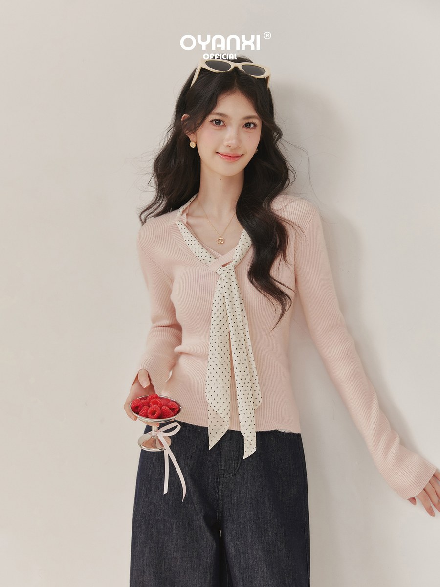 OYANXI Vネック フィット ニットトップス