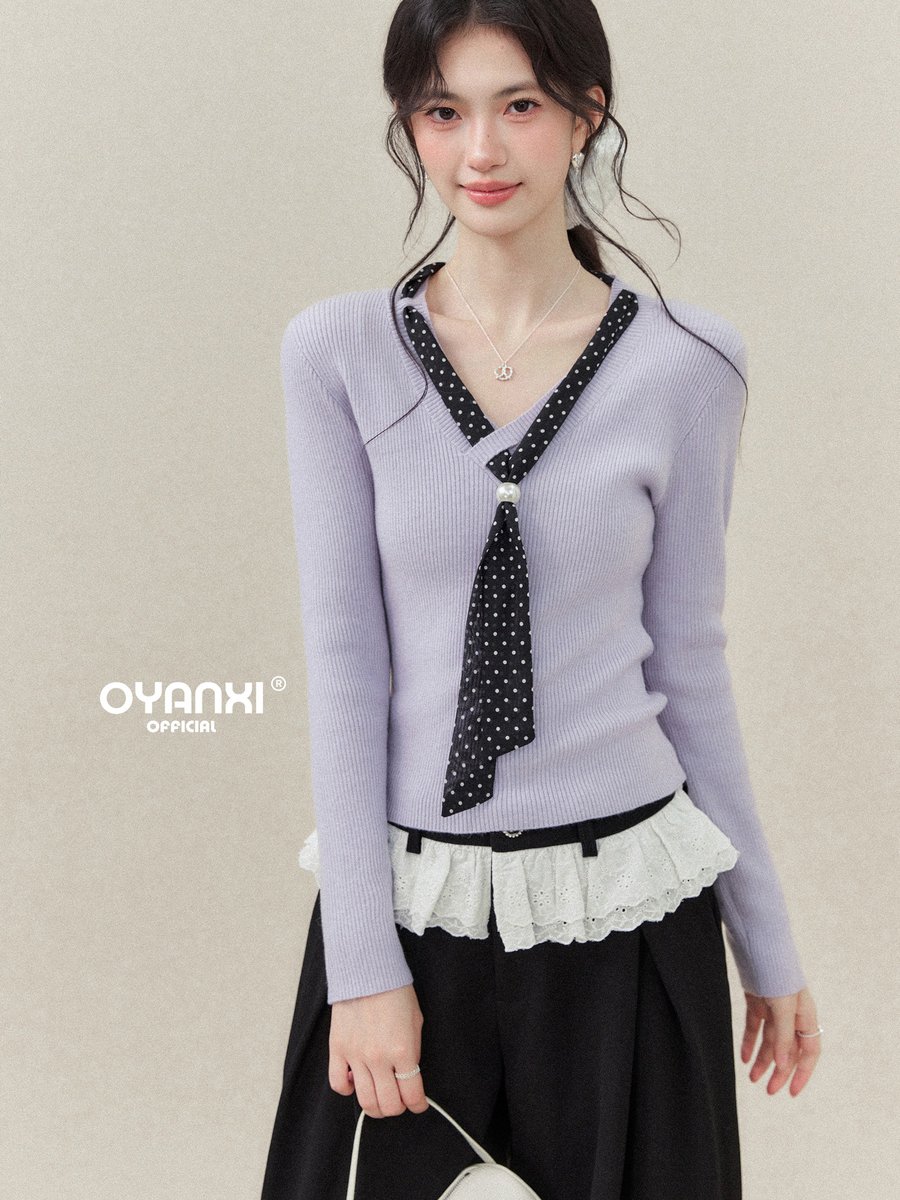 OYANXI 配色 Vネックニット ドットスカーフ付き
