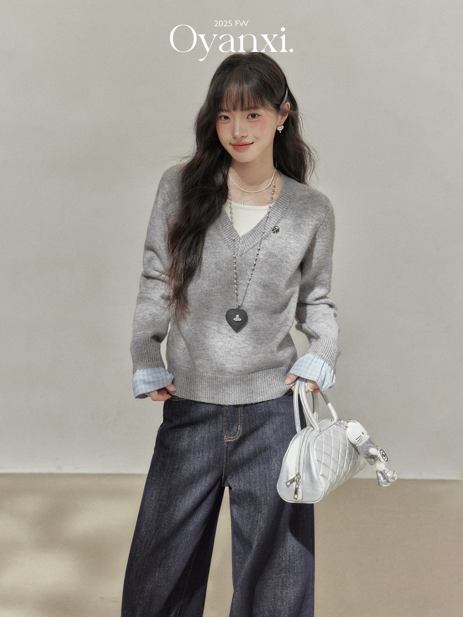 OYANXI Vネック フェイクレイヤード 長袖ニット グレー