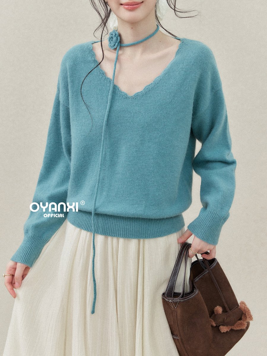 OYANXI フラワーリボン付き レーストリム Vネック セーター