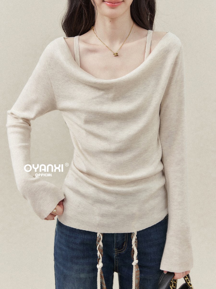 OYANXI ドレープネック フェイクレイヤード ニットトップス