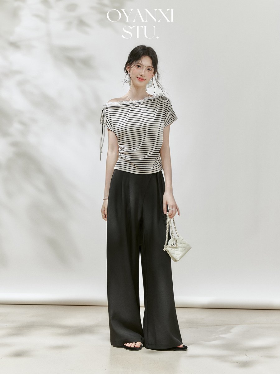 OYANXI ストライプ ワンショルダー 半袖Tシャツ