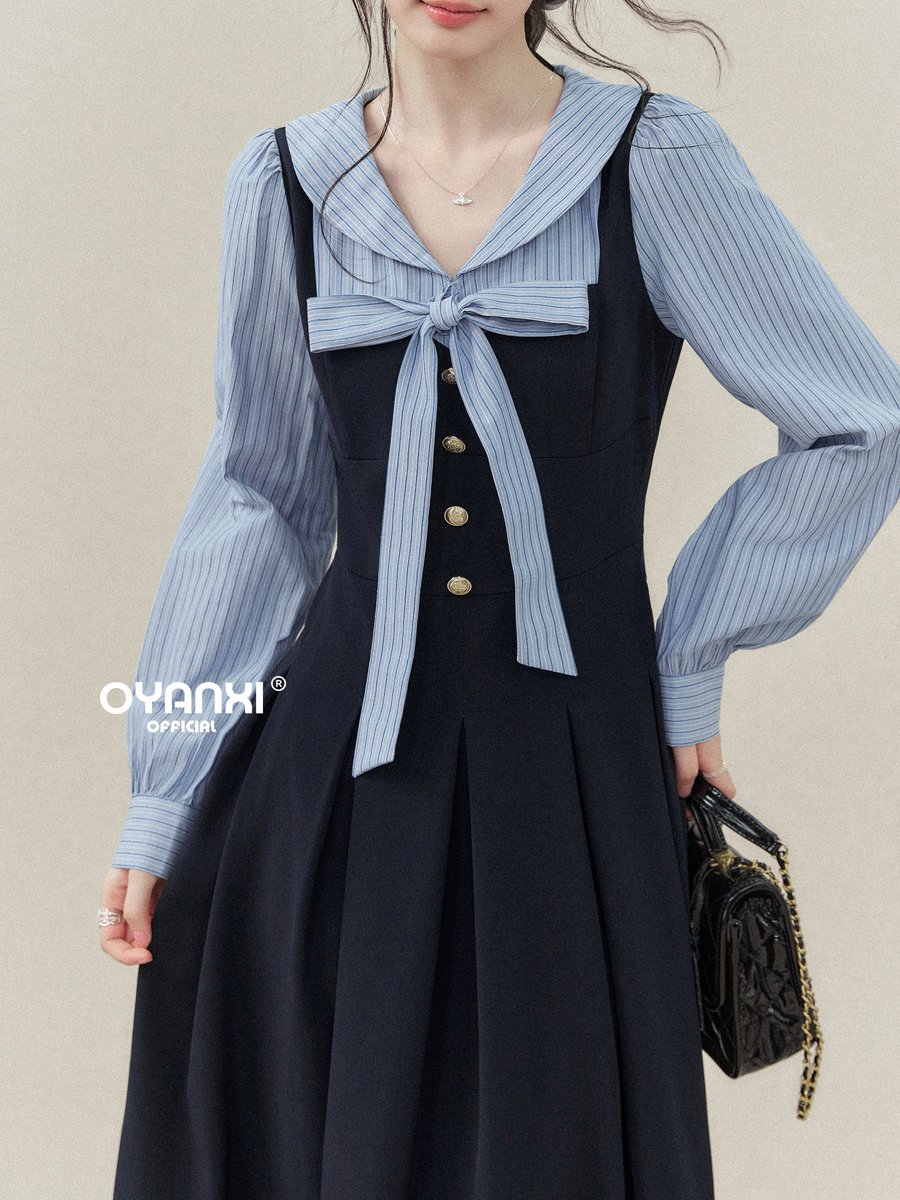 OYANXI フェイクレイヤード シャツ風 ロングワンピース