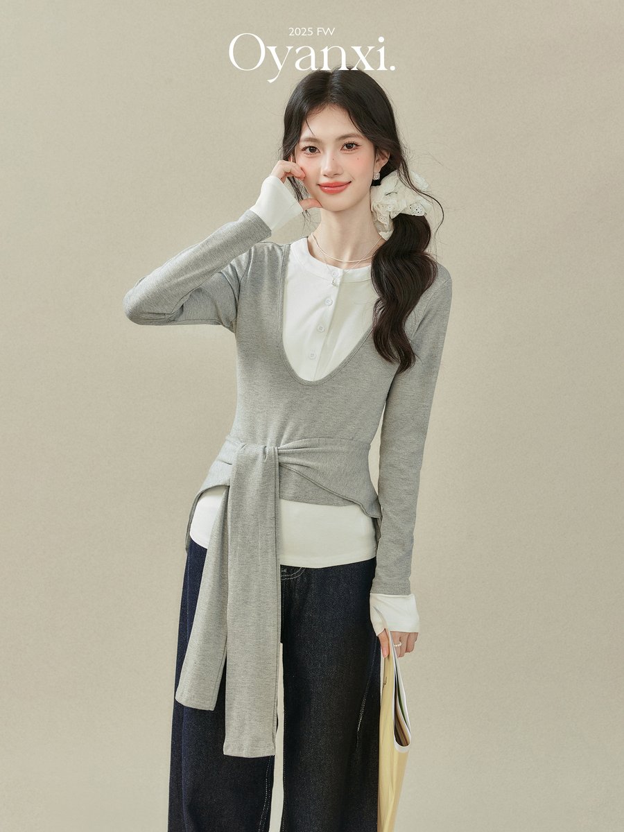 OYANXI ショール付き フェイクレイヤード 長袖Tシャツ