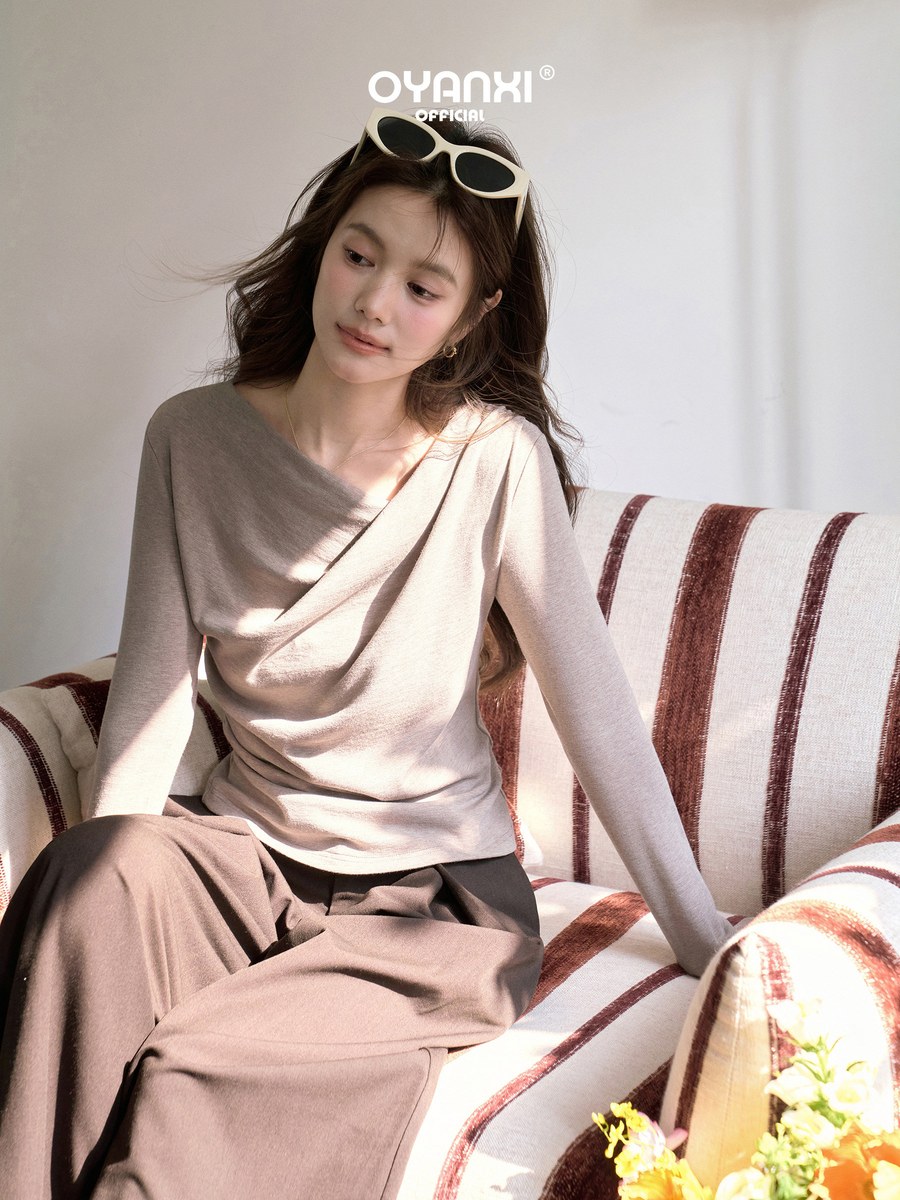 OYANXI Vネック フィット 長袖Tシャツ