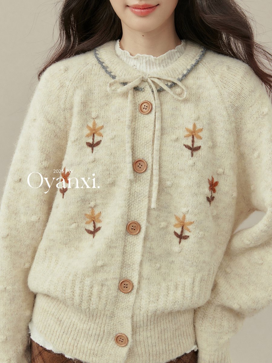 OYANXI フラワー刺繍 クルーネック ニットカーディガン