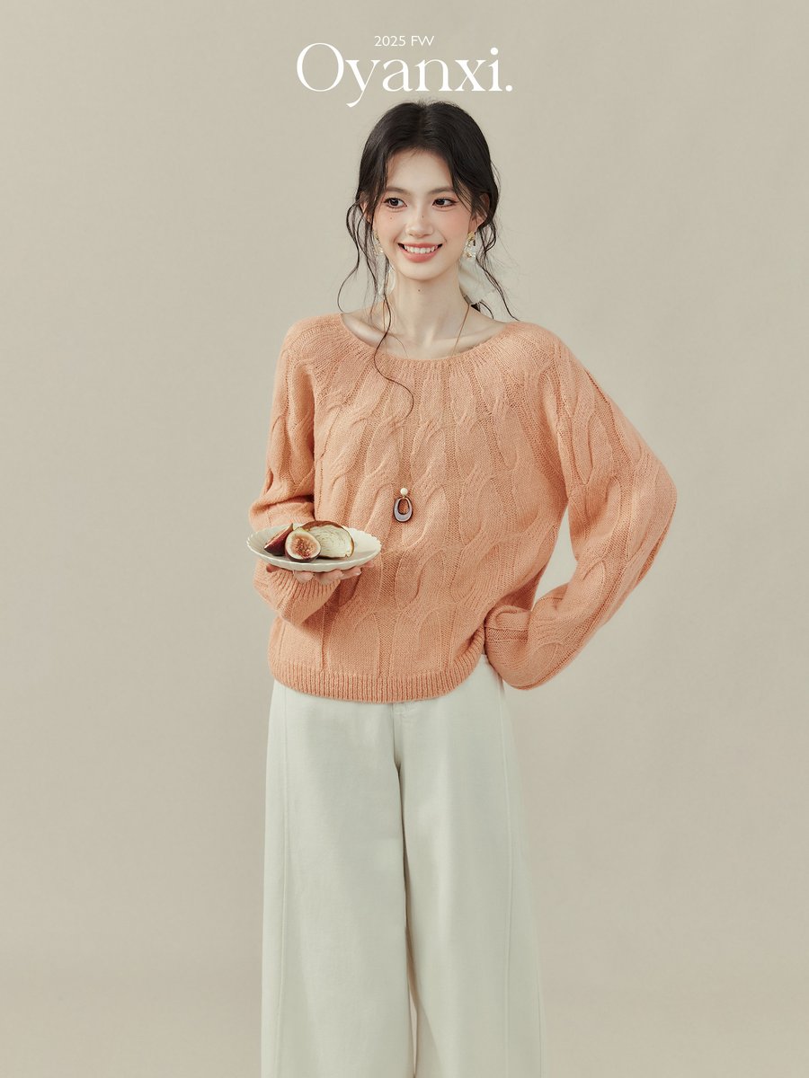 OYANXI 透かし編み クルーネック プルオーバーニット