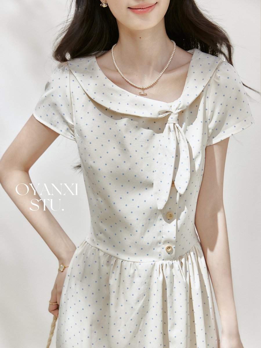 OYANXI ドット柄 ウエストシェイプ ロングワンピース