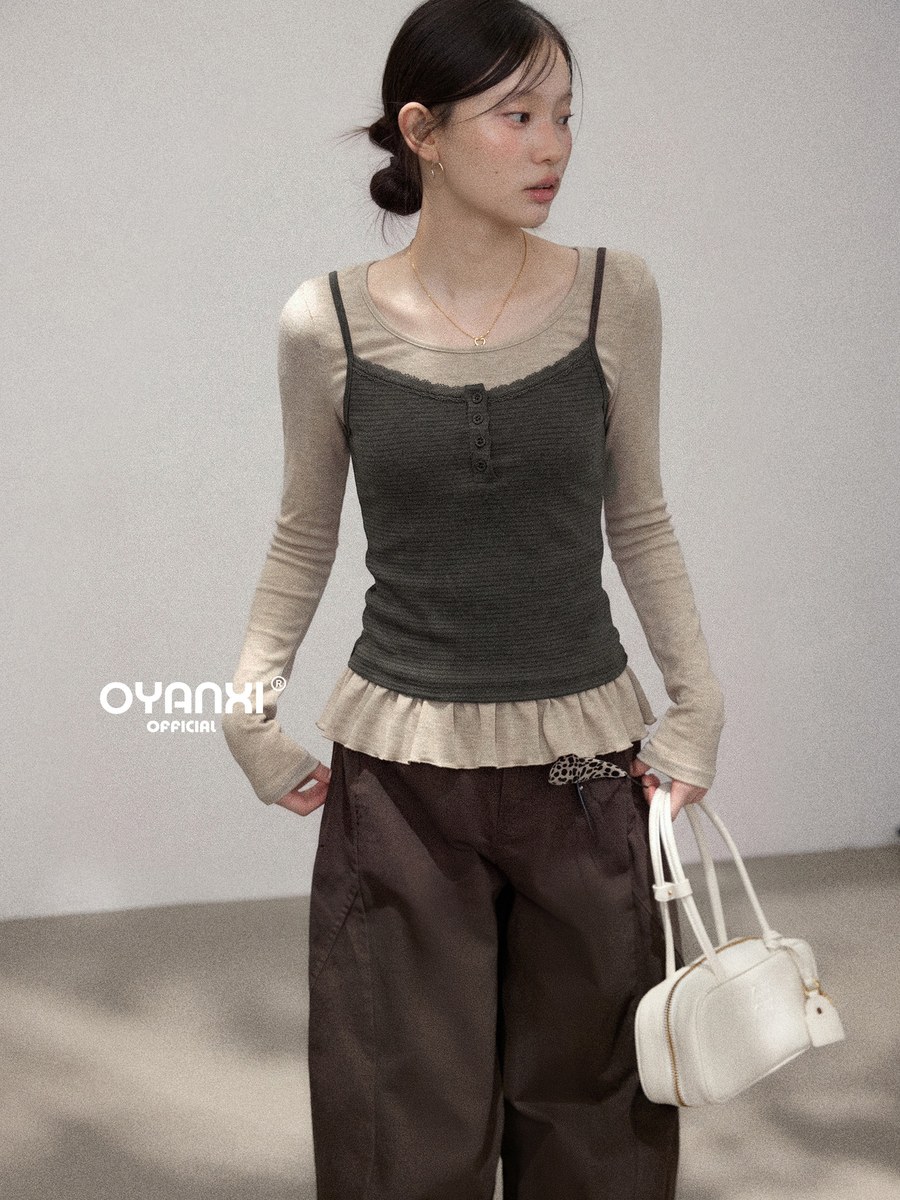 OYANXI 配色切り替え フェイクレイヤード フリル裾 長袖Tシャツ