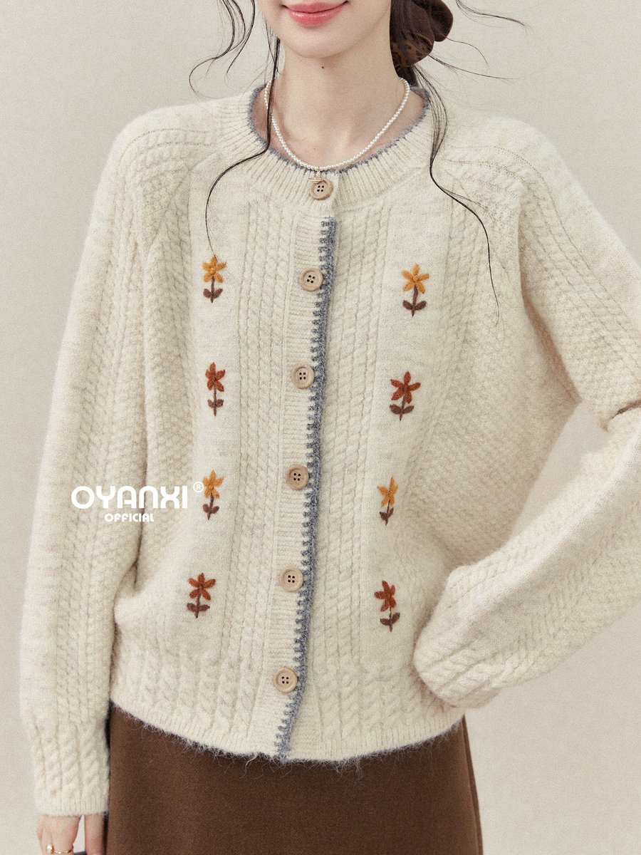 OYANXI 小花刺繍 クルーネック ニットカーディガン