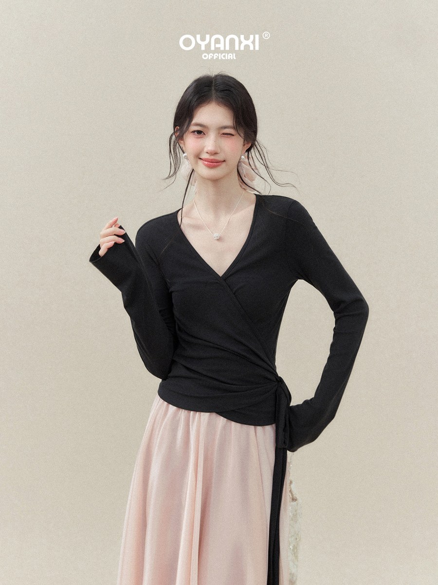OYANXI Vネック ウエストリボン 長袖Tシャツ