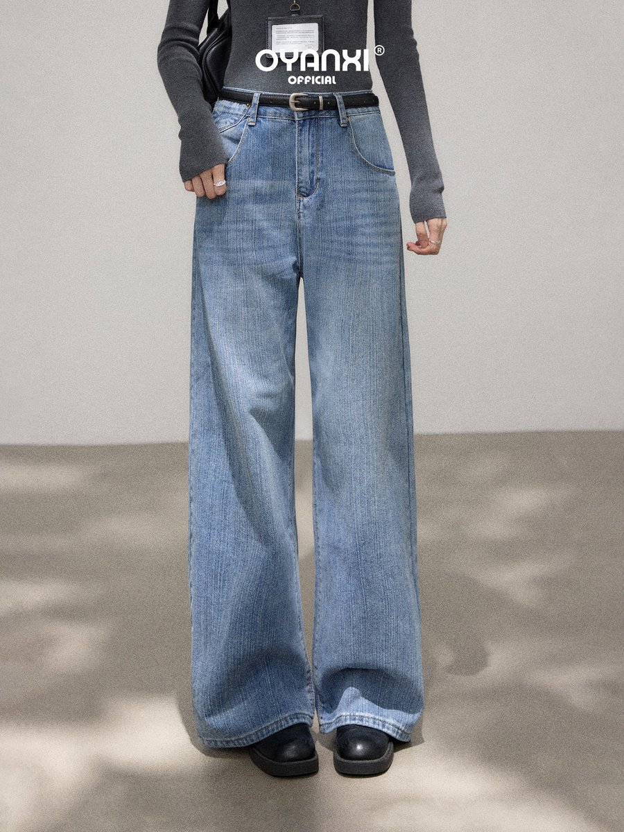 OYANXI レトロブルー ウォッシュ ハイウエスト ロングワイドデニムパンツ