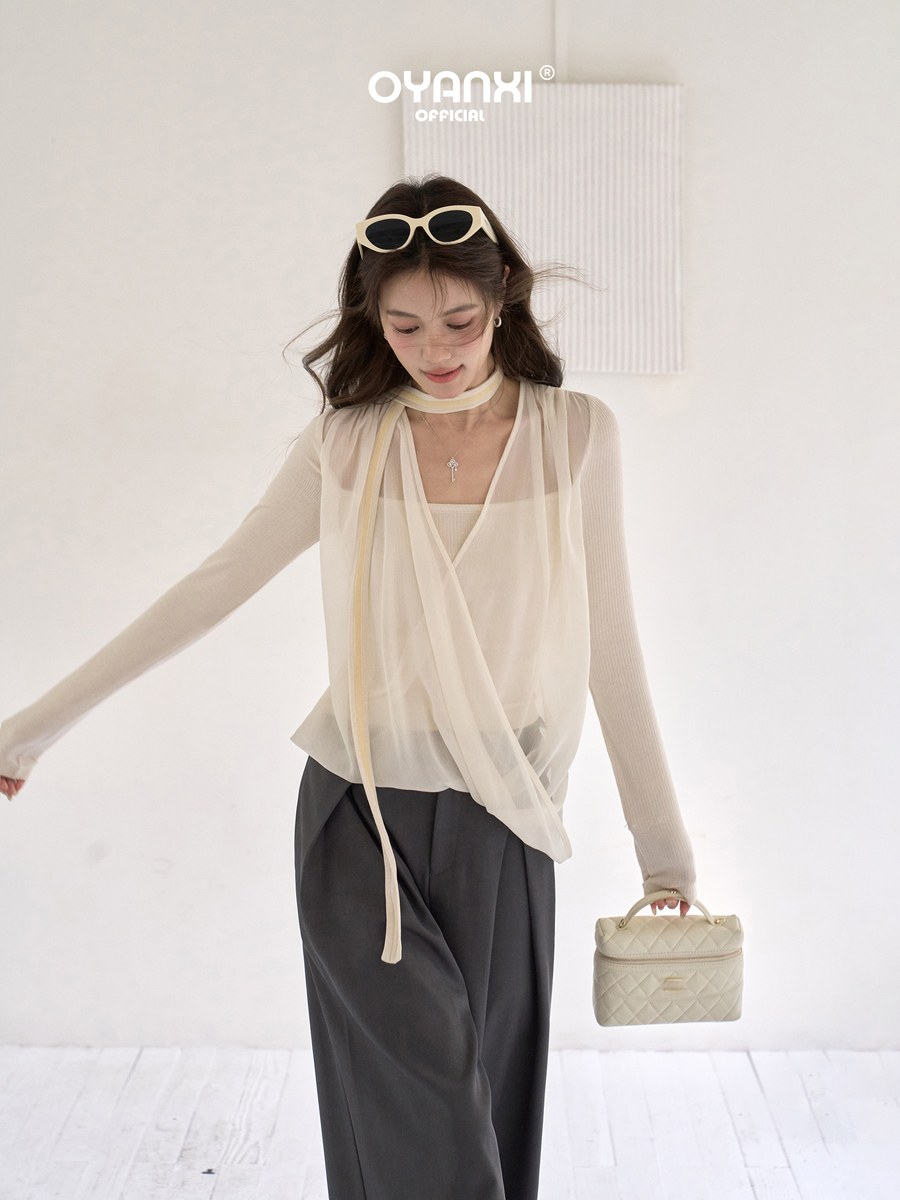 OYANXI チュール ドレープ フェイクレイヤード ホルターネックTシャツ