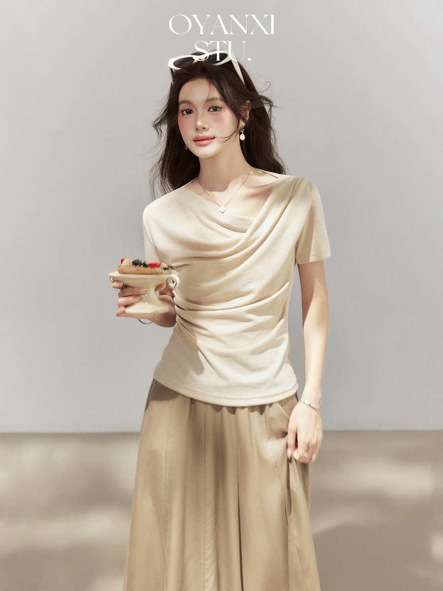 OYANXI ギャザー アシンメトリーネック 半袖Tシャツ