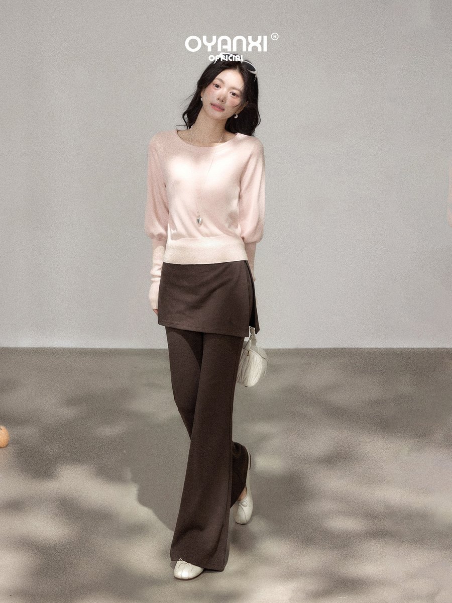OYANXI ラップ風パネル フェイクレイヤード セミフレア ロングパンツ