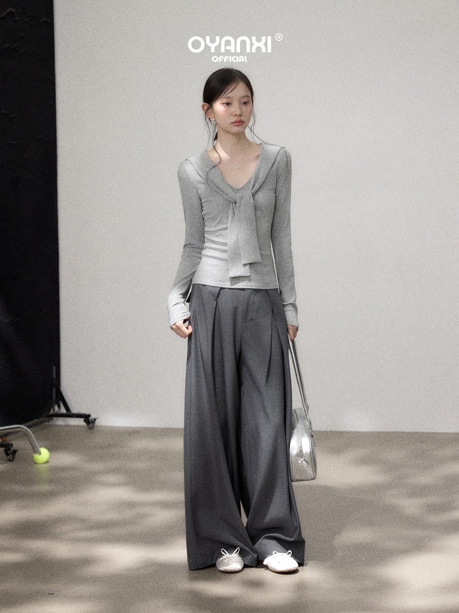 OYANXI ショール風 リボンネック スリム 長袖Tシャツ