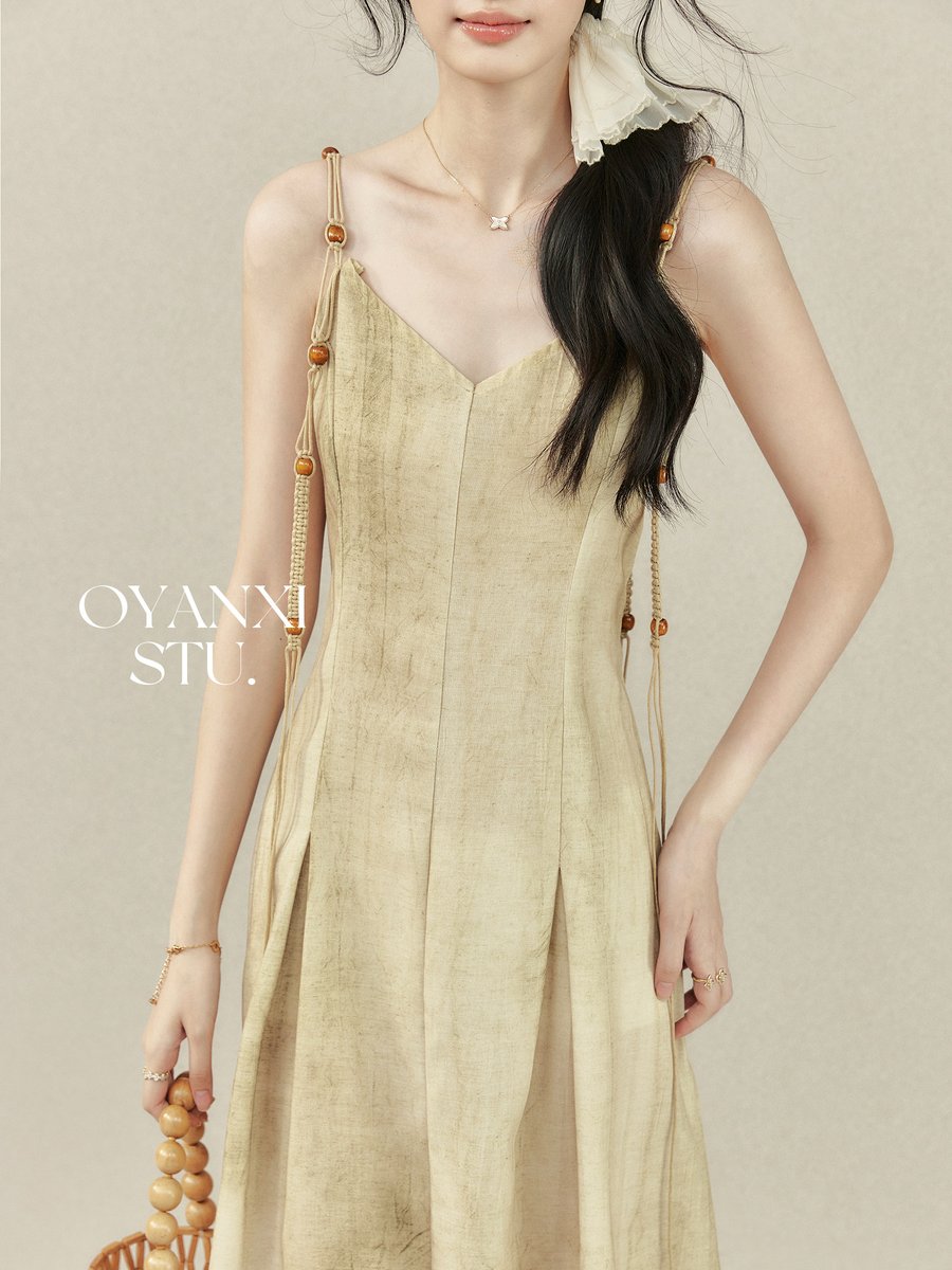 OYANXI Vネック ウエストシェイプ キャミワンピース カーキ